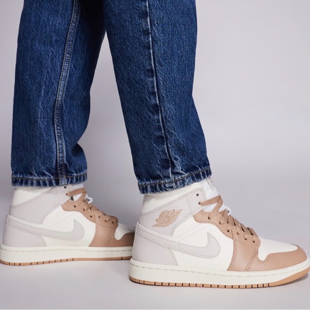 Nike Women’s retro Air Jordan 1 Mid White and Tan Sneakers